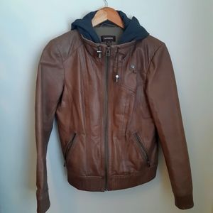 Danier brown leather bomber jacket with built in hoodie
